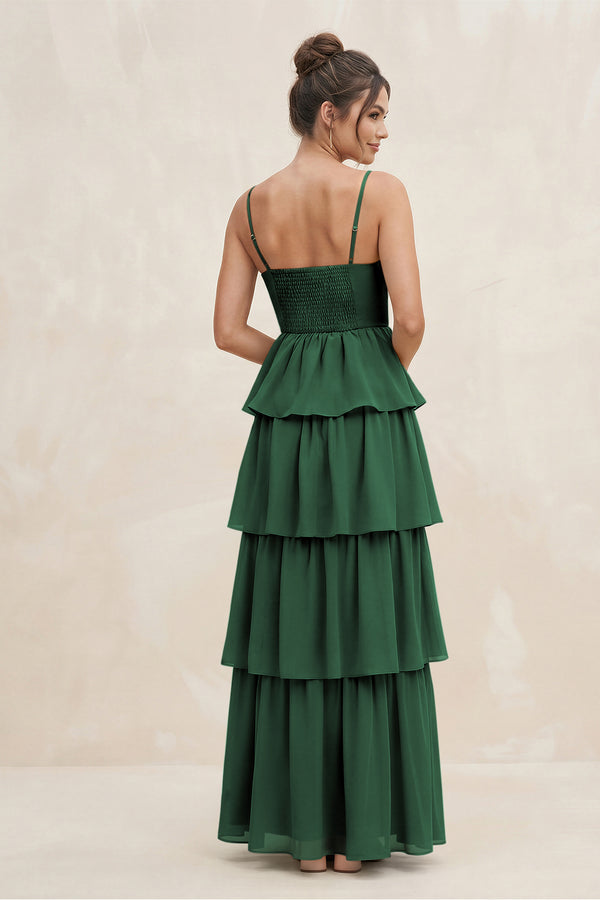 Dark Green Cami Strap Tiered A-Line Chiffon Bridesmaid Dress (2) | KISSBRIDAL