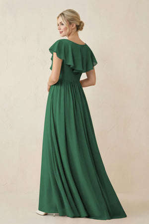 Dark Green Cap Sleeve A-Line Ruffled Chiffon Bridesmaid Dress (2) | KISSBRIDAL