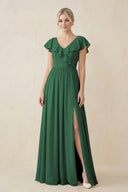 Dark Green Cap Sleeve A-Line Ruffled Chiffon Bridesmaid Dress | KISSBRIDAL