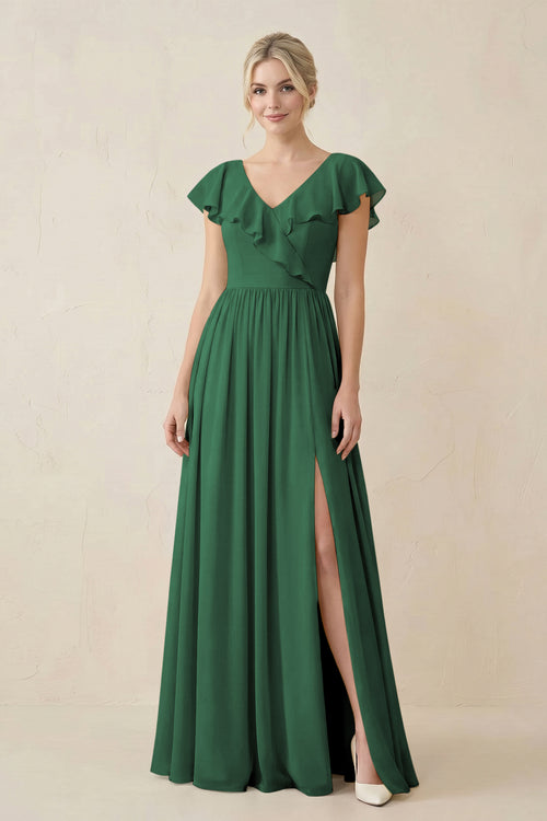 Dark Green Cap Sleeve A-Line Ruffled Chiffon Bridesmaid Dress | KISSBRIDAL