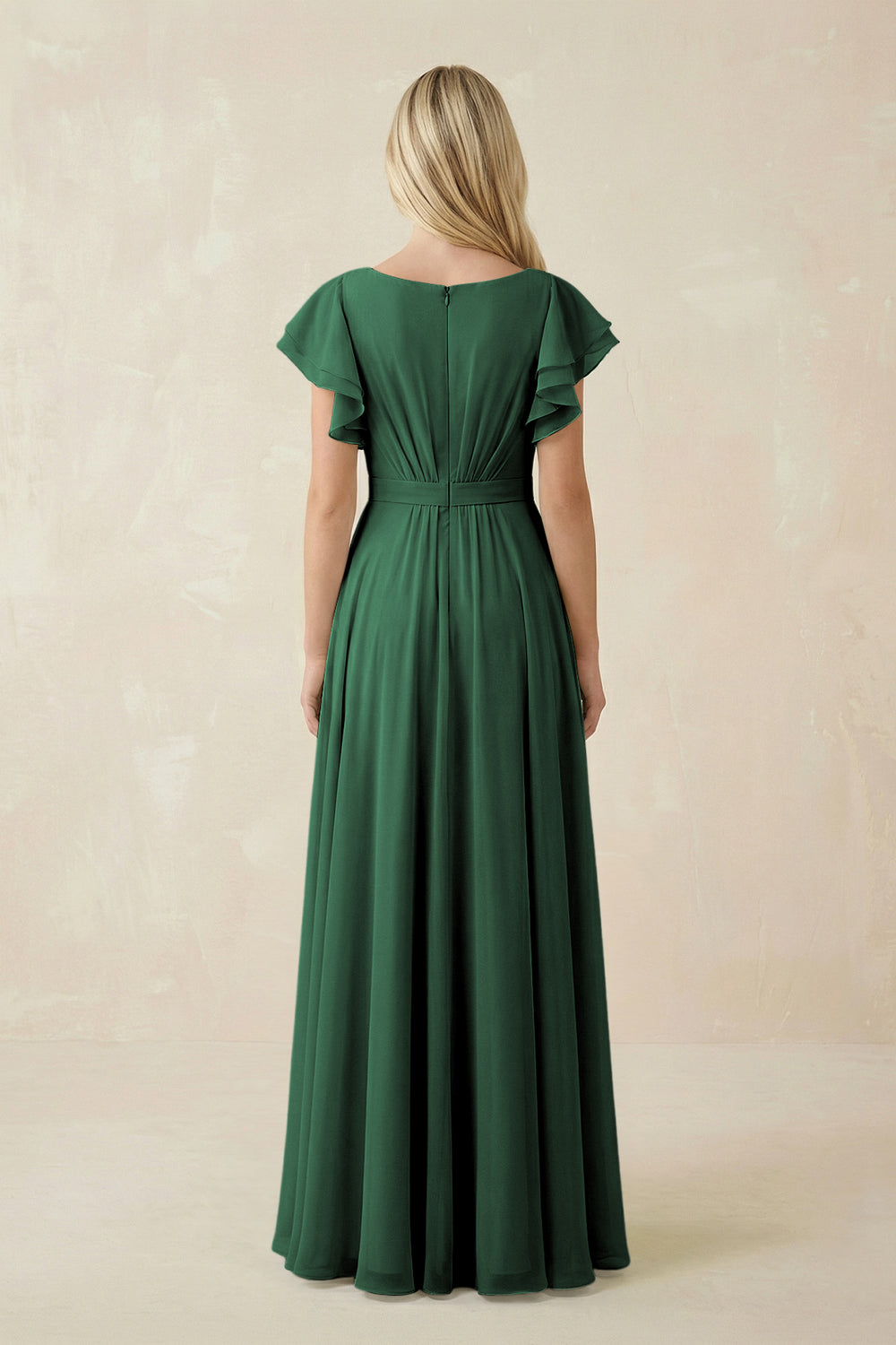 Cap Sleeve Ruffled A-Line Chiffon Bridesmaid Dress in Dark Green