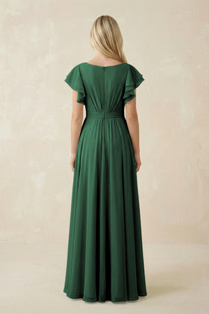 Dark Green Cap Sleeve Ruffled A-Line Chiffon Bridesmaid Dress (2) | KISSBRIDAL