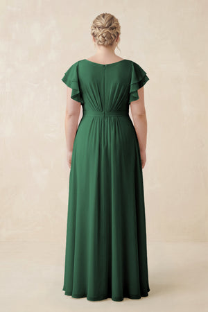 Dark Green Cap Sleeve Ruffled A-Line Chiffon Bridesmaid Dress (2) | KISSBRIDAL
