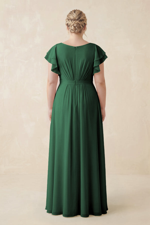 Dark Green Cap Sleeve Ruffled A-Line Chiffon Bridesmaid Dress (2) | KISSBRIDAL