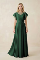 Dark Green Cap Sleeve Ruffled A-Line Chiffon Bridesmaid Dress | KISSBRIDAL