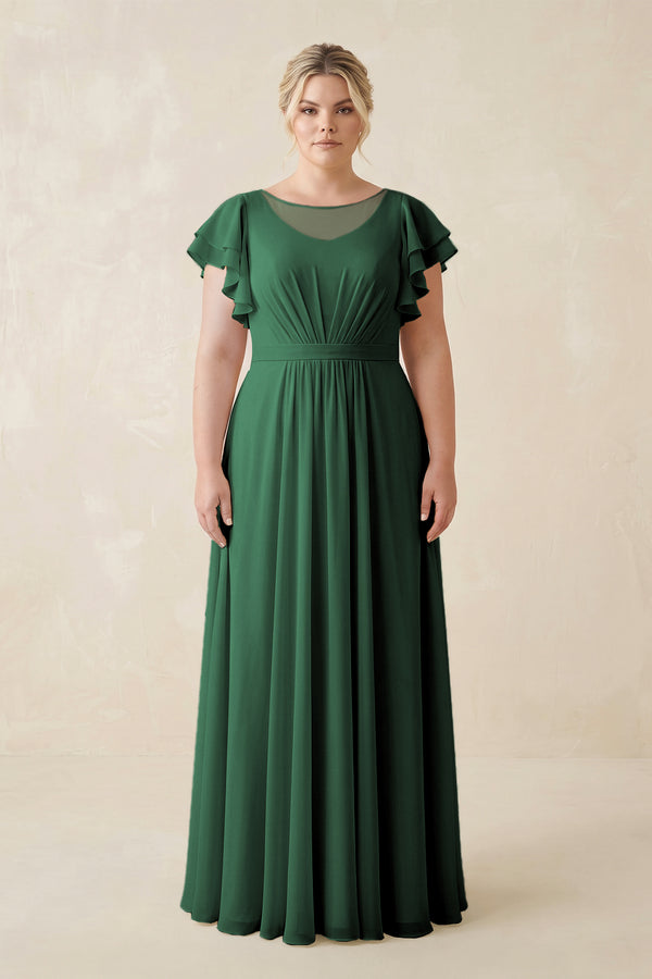 Dark Green Cap Sleeve Ruffled A-Line Chiffon Bridesmaid Dress | KISSBRIDAL