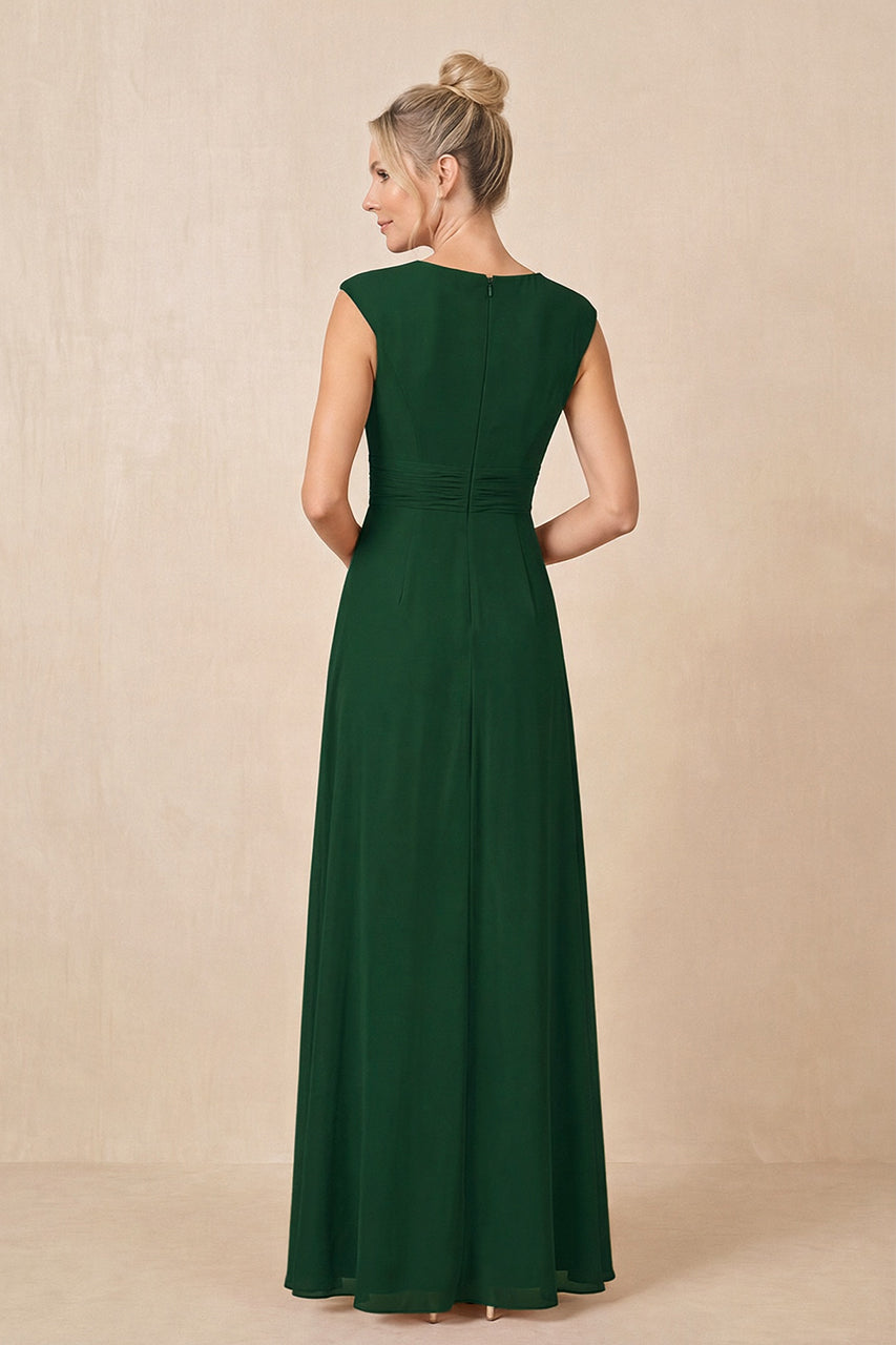 Dark Green Cap Sleeves A-Line Chiffon Pleated Ruffled Mother of the Bride Dress