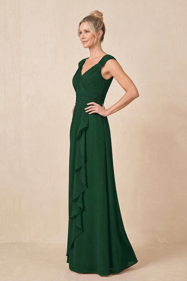 Dark Green Cap Sleeves A-Line Chiffon Pleated Ruffled Mother of the Bride Dress (3) | KISSBRIDAL