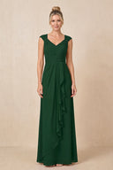 Dark Green Cap Sleeves A-Line Chiffon Pleated Ruffled Mother of the Bride Dress | KISSBRIDAL