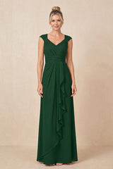 Dark Green Cap Sleeves A-Line Chiffon Pleated Ruffled Mother of the Bride Dress | KISSBRIDAL