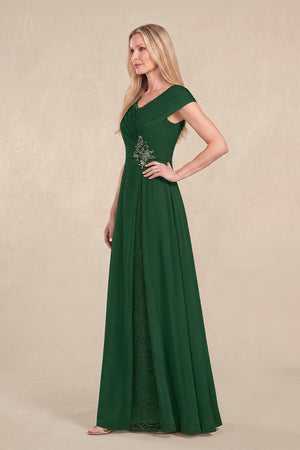 Dark Green Cap Sleeves Chiffon A-Line Lace V-Neck Mother of the Bride Dress (3) | KISSBRIDAL
