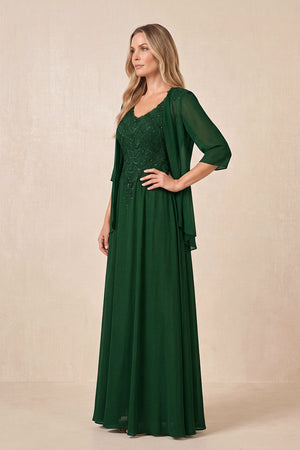 Dark Green Cape Sleeves A-Line Chiffon Scoop Neck Embroidered Mother of the Bride Dress (3) | KISSBRIDAL