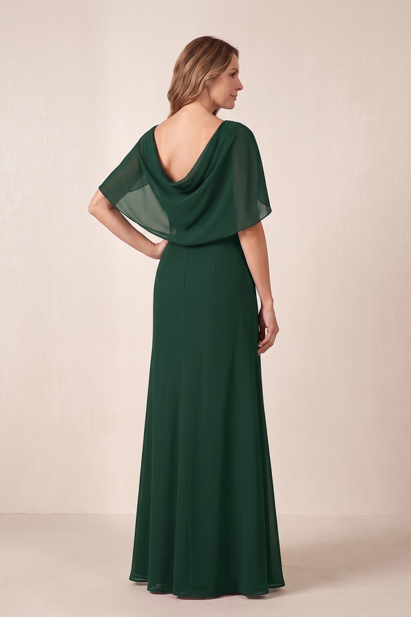 Dark Green Cape Sleeves V-Neck Chiffon A-Line Mother of the Bride Dress with Slit (2) | KISSBRIDAL