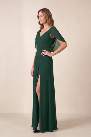 Dark Green Cape Sleeves V-Neck Chiffon A-Line Mother of the Bride Dress with Slit (3) | KISSBRIDAL