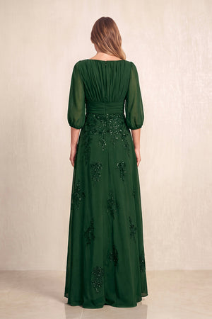 Dark Green Chiffon A-Line Embroidered Boat Neck Long Mother of the Bride Dress (2) | KISSBRIDAL