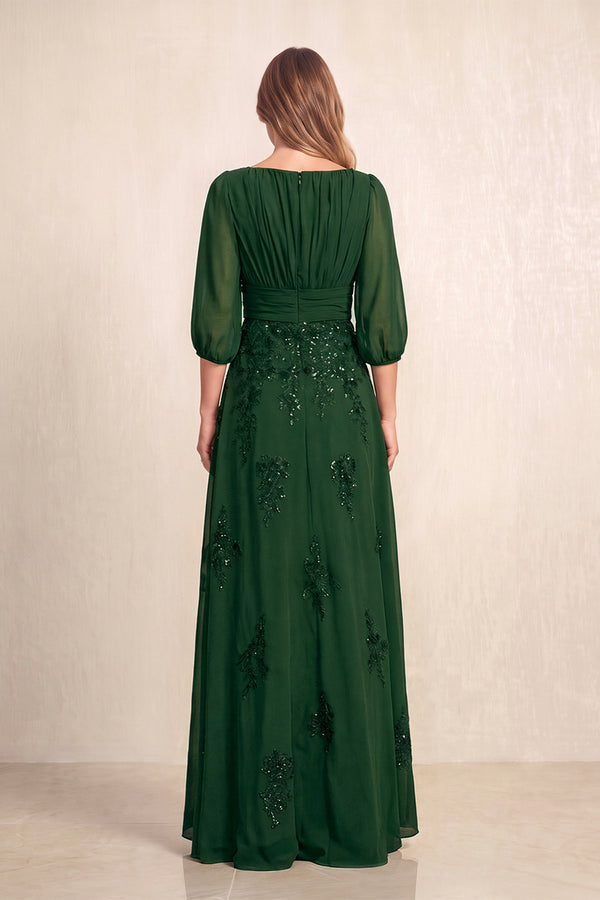 Dark Green Chiffon A-Line Embroidered Boat Neck Long Mother of the Bride Dress (2) | KISSBRIDAL