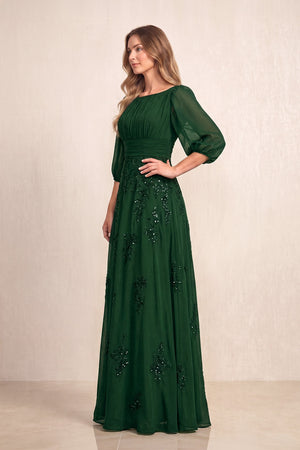 Dark Green Chiffon A-Line Embroidered Boat Neck Long Mother of the Bride Dress (3) | KISSBRIDAL
