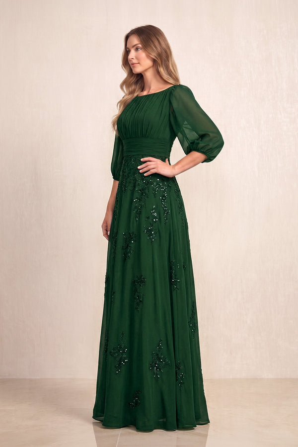 Dark Green Chiffon A-Line Embroidered Boat Neck Long Mother of the Bride Dress (3) | KISSBRIDAL