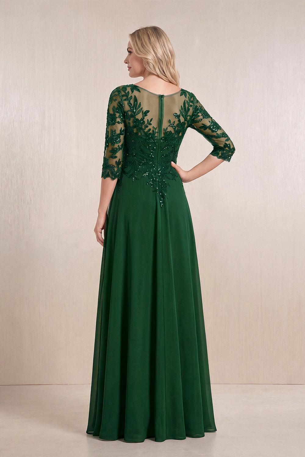 Dark Green Chiffon A-Line Embroidered Mother of the Bride Dress With Sleeves