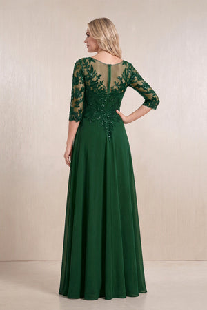 Dark Green Chiffon A-Line Embroidered Mother of the Bride Dress With Sleeves (2) | KISSBRIDAL