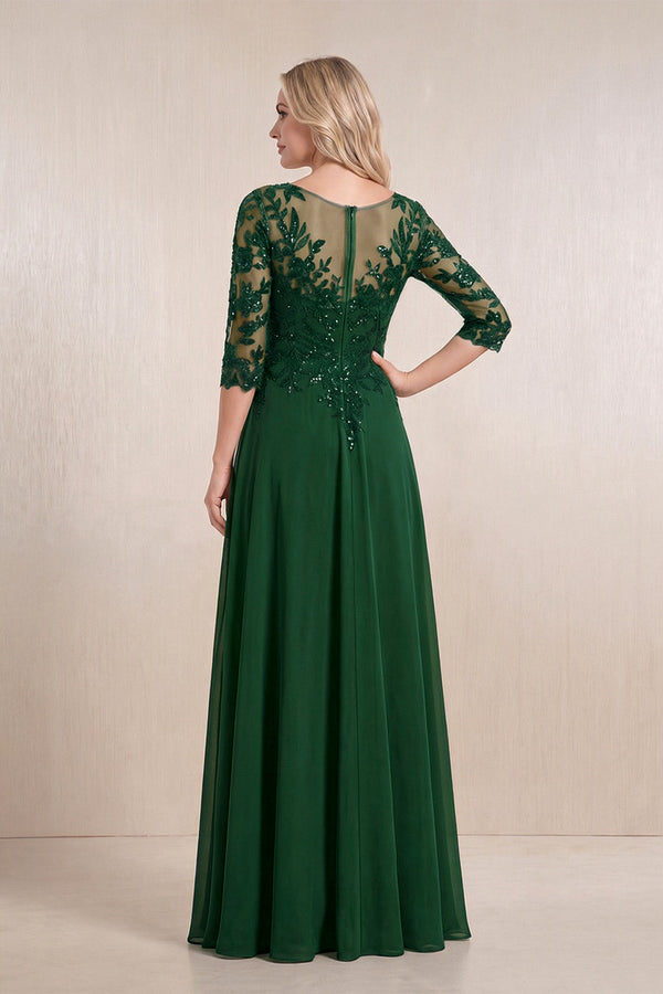 Dark Green Chiffon A-Line Embroidered Mother of the Bride Dress With Sleeves (2) | KISSBRIDAL
