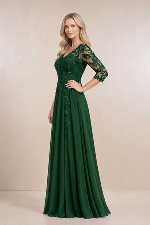 Dark Green Chiffon A-Line Embroidered Mother of the Bride Dress With Sleeves (3) | KISSBRIDAL