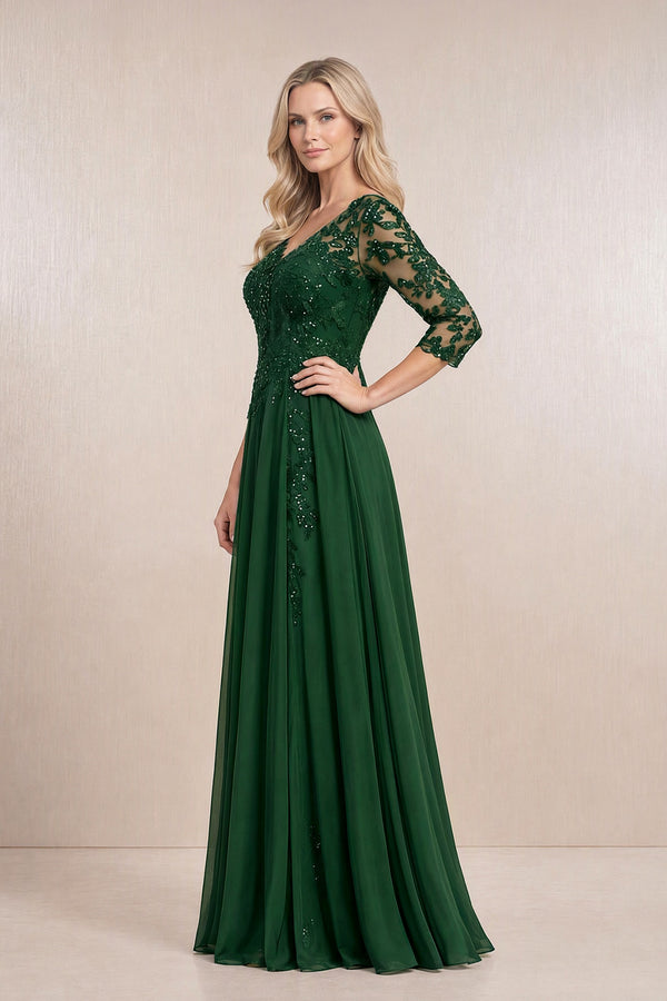 Dark Green Chiffon A-Line Embroidered Mother of the Bride Dress With Sleeves (3) | KISSBRIDAL