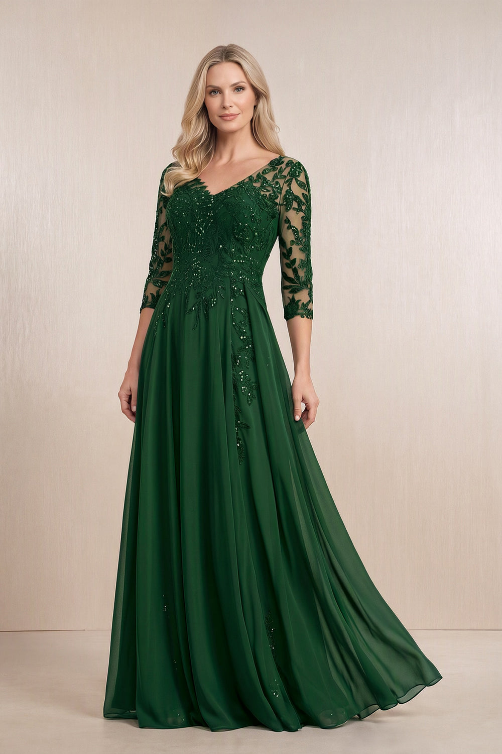 Dark Green Chiffon A-Line Embroidered Mother of the Bride Dress With Sleeves