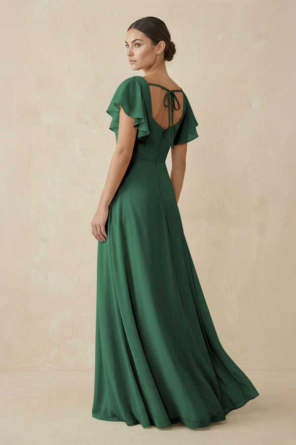 Dark Green Chiffon A-Line Long Bridesmaid Dress with Flutter Sleeves (2) | KISSBRIDAL