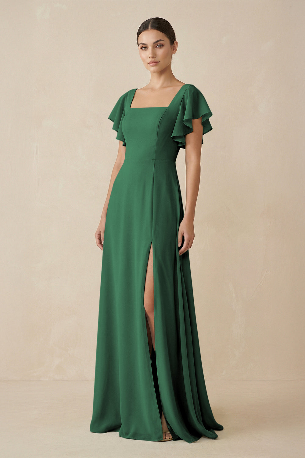 Chiffon A-Line Long Bridesmaid Dress with Flutter Sleeves in Dark Green
