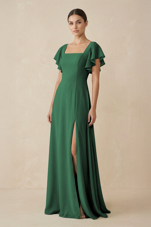 Dark Green Chiffon A-Line Long Bridesmaid Dress with Flutter Sleeves | KISSBRIDAL