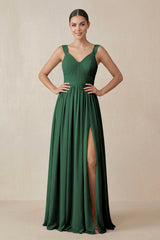 Dark Green Chiffon A-Line Pleated Bridesmaid Dress | KISSBRIDAL