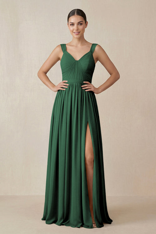 Dark Green Chiffon A-Line Pleated Bridesmaid Dress | KISSBRIDAL