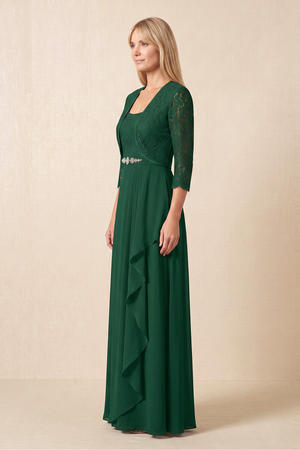 Dark Green Chiffon A-Line Ruffled Mother of the Bride Dress With Lace (3) | KISSBRIDAL