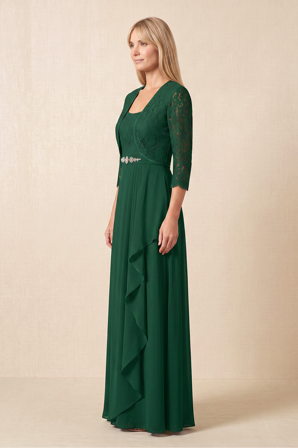 Dark Green Chiffon A-Line Ruffled Mother of the Bride Dress With Lace (3) | KISSBRIDAL
