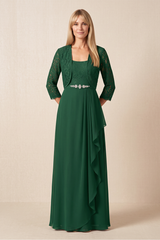 Dark Green Chiffon A-Line Ruffled Mother of the Bride Dress With Lace | KISSBRIDAL