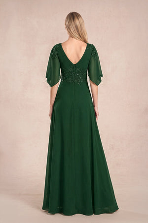 Dark Green Chiffon Lone Sleeves A-Line V-Neck Embroidered Mother of the Bride Dress (2) | KISSBRIDAL