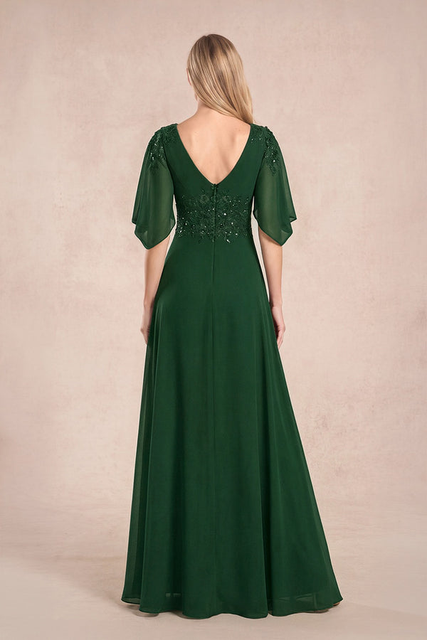 Dark Green Chiffon Lone Sleeves A-Line V-Neck Embroidered Mother of the Bride Dress (2) | KISSBRIDAL