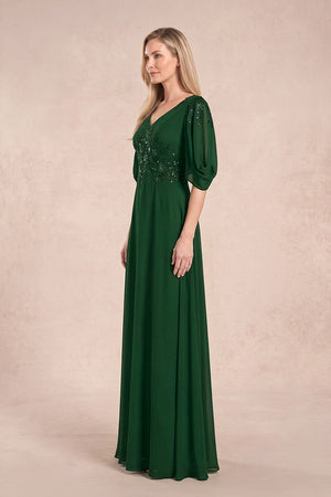 Dark Green Chiffon Lone Sleeves A-Line V-Neck Embroidered Mother of the Bride Dress (3) | KISSBRIDAL
