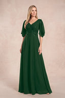 Dark Green Chiffon Lone Sleeves A-Line V-Neck Embroidered Mother of the Bride Dress | KISSBRIDAL