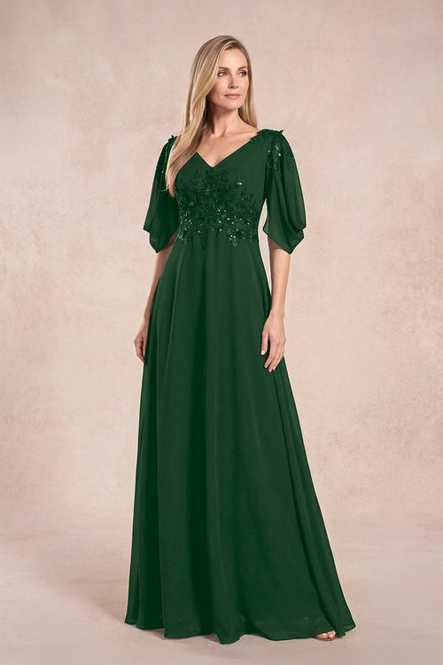 Dark Green Chiffon Lone Sleeves A-Line V-Neck Embroidered Mother of the Bride Dress | KISSBRIDAL