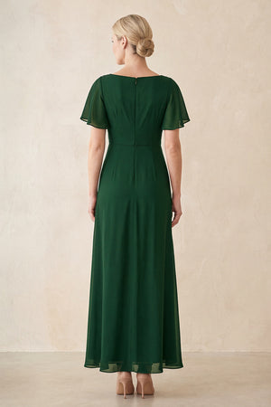 Dark Green Chiffon Ruched A-Line Ruffled Sleeves Midi Mother of the Bride Dress (2) | KISSBRIDAL