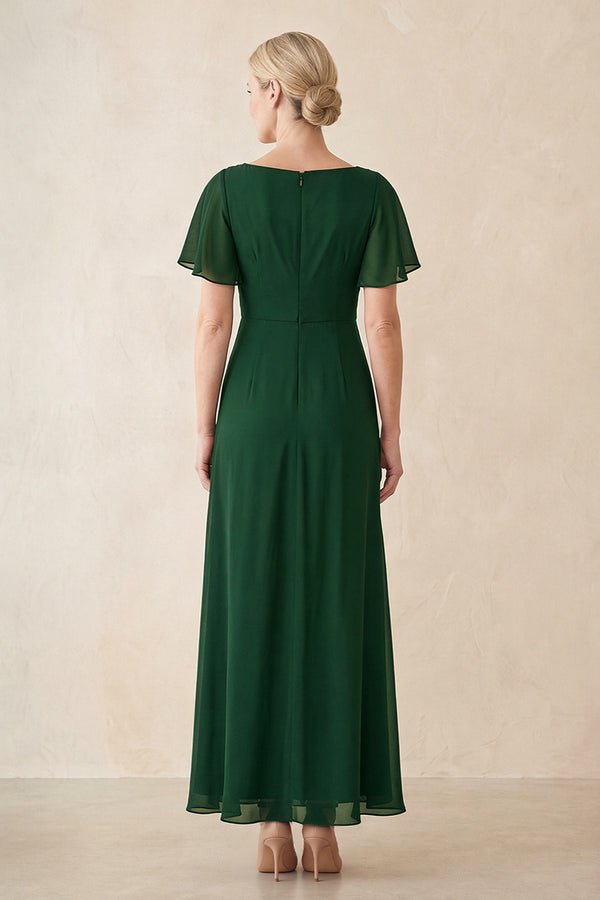 Dark Green Chiffon Ruched A-Line Ruffled Sleeves Midi Mother of the Bride Dress (2) | KISSBRIDAL