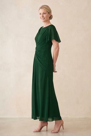 Dark Green Chiffon Ruched A-Line Ruffled Sleeves Midi Mother of the Bride Dress (3) | KISSBRIDAL