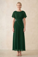 Dark Green Chiffon Ruched A-Line Ruffled Sleeves Midi Mother of the Bride Dress | KISSBRIDAL