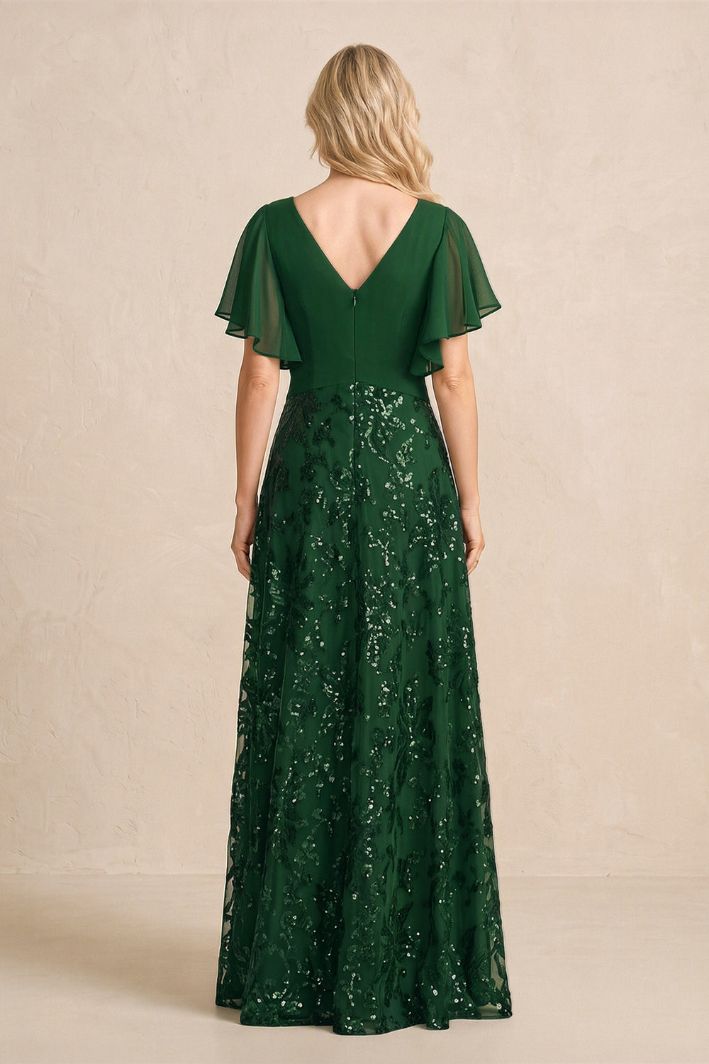 Dark Green Chiffon V-Neck A-Line Embroidered Mother of the Bride Dress with Ruffled Sleeves
