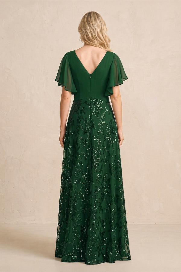 Dark Green Chiffon V-Neck A-Line Embroidered Mother of the Bride Dress with Ruffled Sleeves (2) | KISSBRIDAL