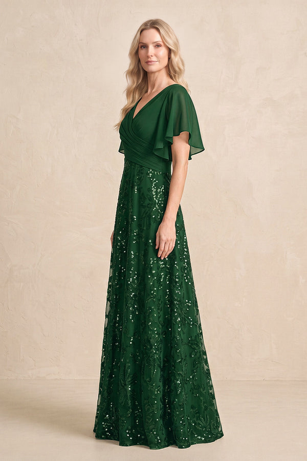Dark Green Chiffon V-Neck A-Line Embroidered Mother of the Bride Dress with Ruffled Sleeves (3) | KISSBRIDAL