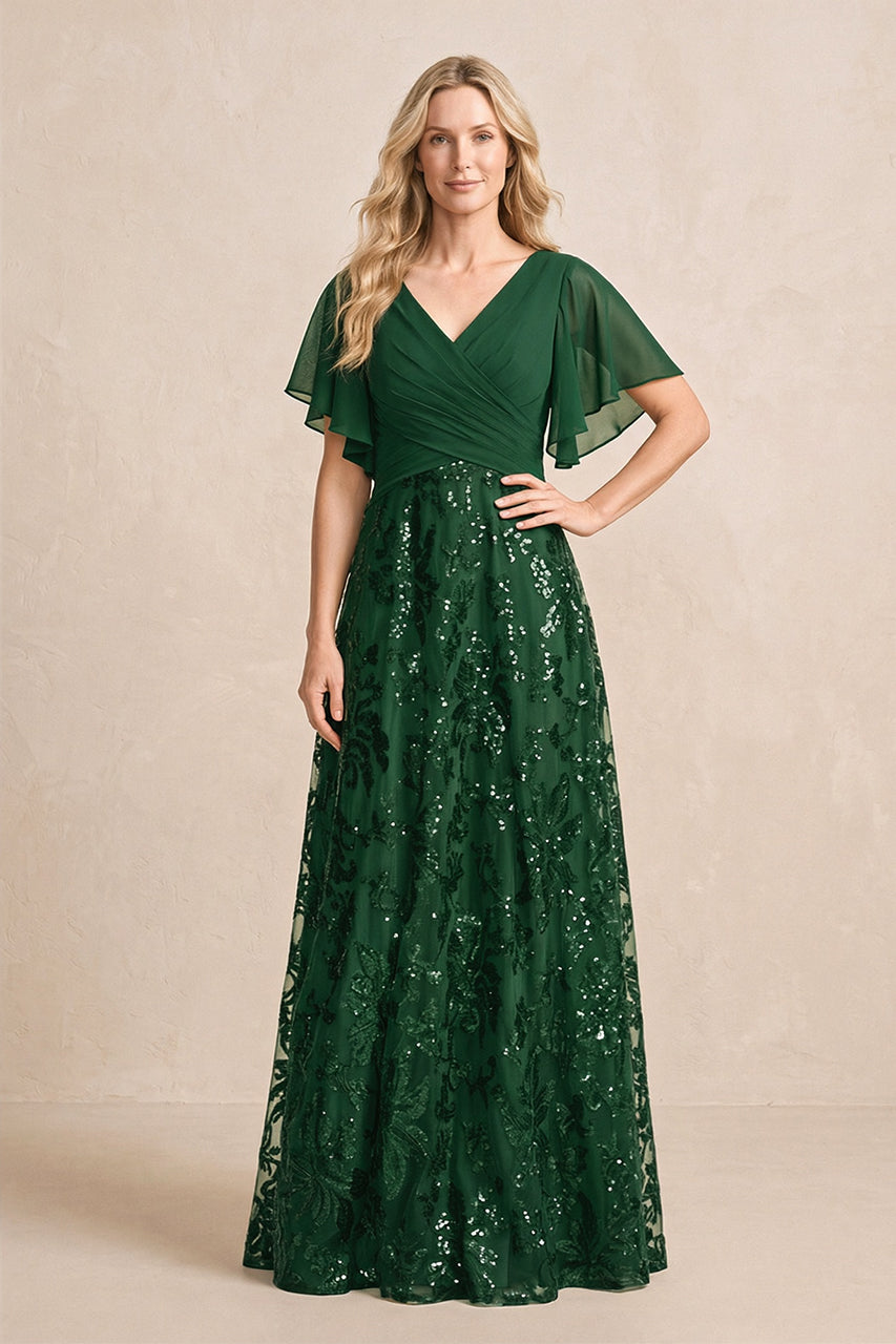 Dark Green Chiffon V-Neck A-Line Embroidered Mother of the Bride Dress with Ruffled Sleeves