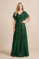 Dark Green Chiffon V-Neck A-Line Embroidered Mother of the Bride Dress with Ruffled Sleeves | KISSBRIDAL